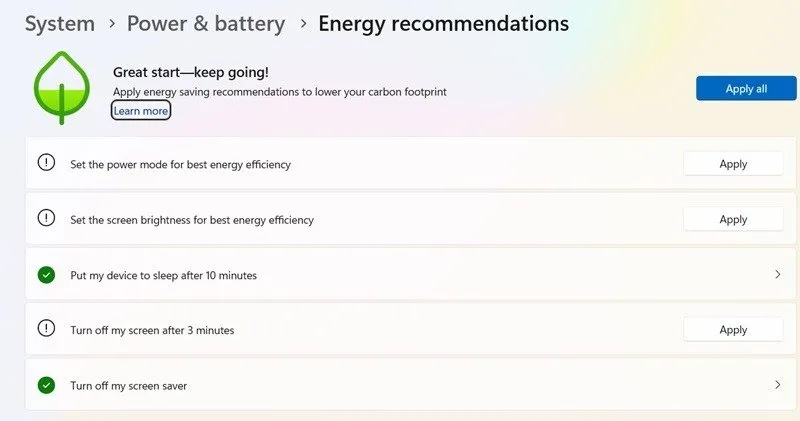 Aplicação de recomendações de energia do Windows para um laptop para melhor eficiência energética.