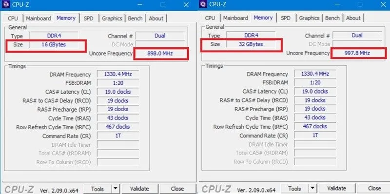 Porównanie częstotliwości Uncore pomiędzy jedno- i dwukanałową pamięcią RAM, 16 GB i 32 GB, zmierzone za pomocą CPU-Z poniżej