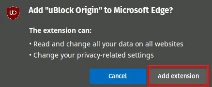 Confirmação de instalação da extensão Microsoft Edge com