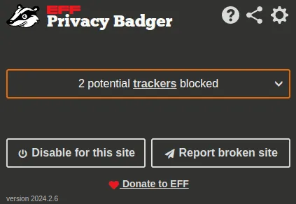 Microsoft Edge 上の Privacy Badger のインターフェース
