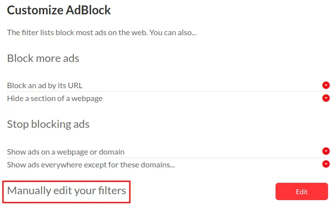 Personalizzazione di AdBlock con la modifica manuale del filtro evidenziata