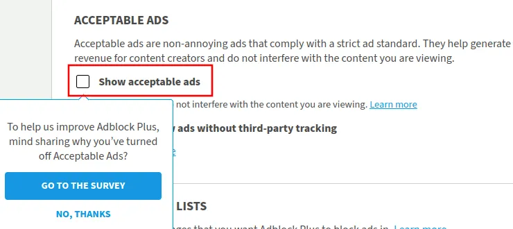 AdBlock Plusの一般設定で、許容可能な広告の切り替えが強調表示されている