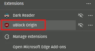 Gerenciador de extensões Microsoft Edge com uBlock Origin em destaque