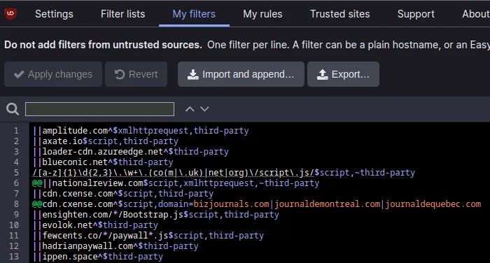 Eine ausgefüllte benutzerdefinierte Filterliste von uBlock Origin