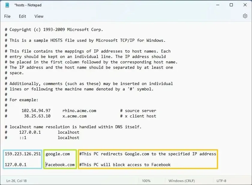 Arquivo hosts de edição do Windows 11