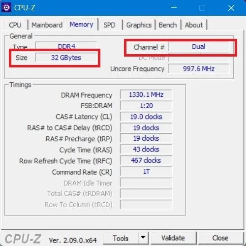 CPU-Z exibindo RAM de canal duplo com capacidade de memória combinada.