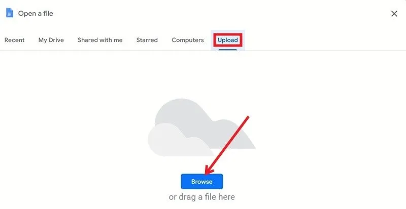 Navigazione per caricare un nuovo file in Google Docs.