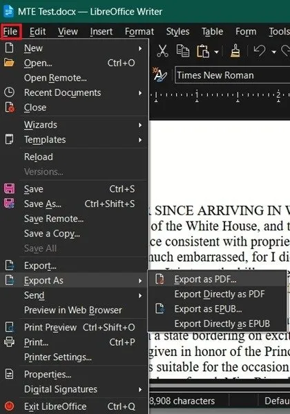 Facendo clic sull'opzione Esporta come PDF in LibreOffice.