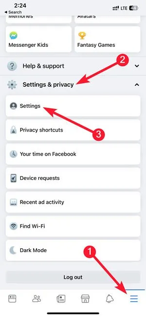Facebook Private Apertura delle impostazioni di Facebook sull'app