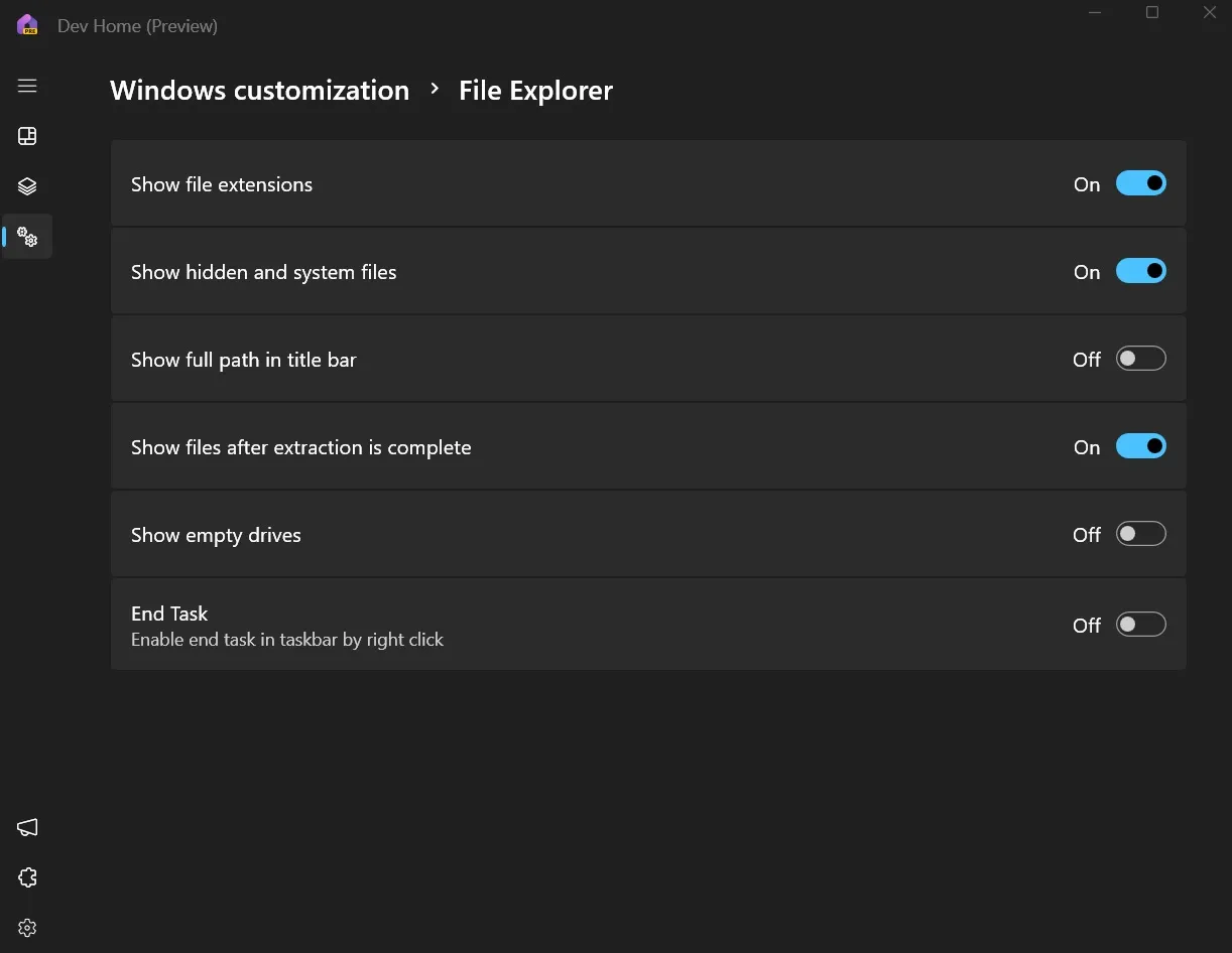 controlli di esplorazione file nell'app Dev Home Windows 11