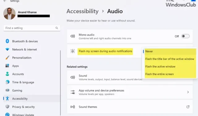 Flitsscherm tijdens audiomeldingen in Windows 11