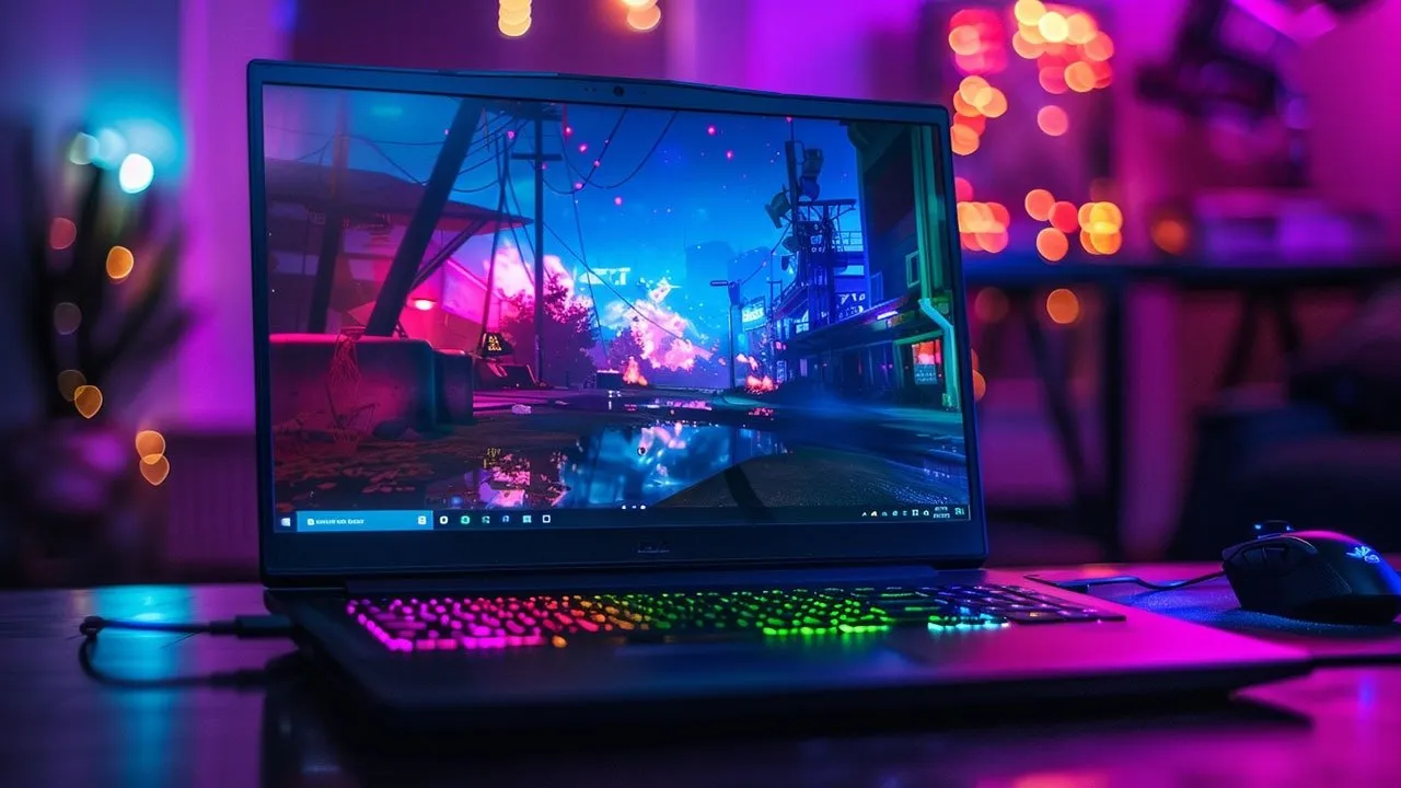 KI-generiertes Bild eines Gaming-Laptops in einer dunklen, stimmungsvollen Atmosphäre.