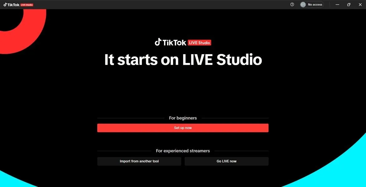 Écran de démarrage de TikTok LIVE Studio sur PC.