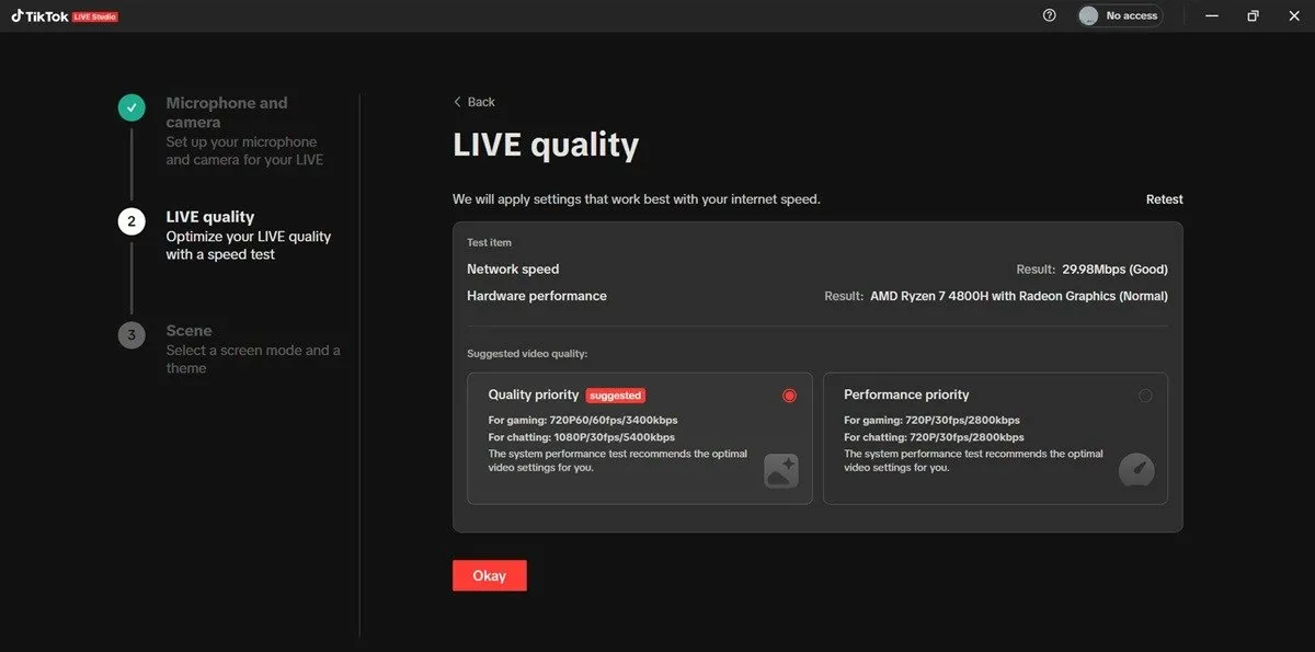 TikTok LIVE Studio vérifie la qualité LIVE.