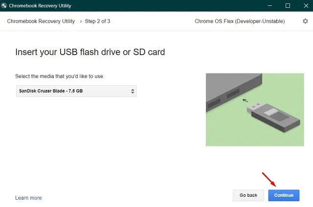 Google Chrome OS Flex — wybierz opcję USB