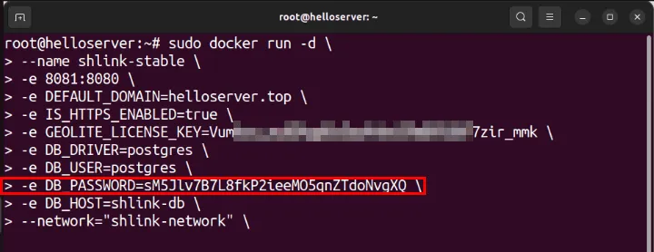 Ein Terminal, das das PostegreSQL-DB-Passwort für den Demoserver anzeigt.