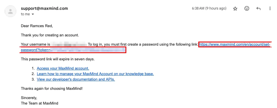Ein Screenshot, der den Link zur Passworterstellung für MaxMind zeigt.