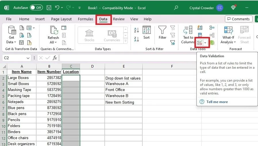 Selezionando Convalida dati dal menu Dati in Excel.