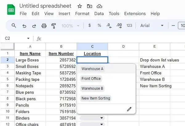 Vervolgkeuzelijst in actie in Google Spreadsheets.