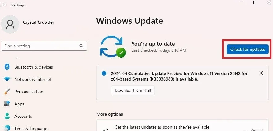 Recherchez les mises à jour dans les paramètres de Windows Update.