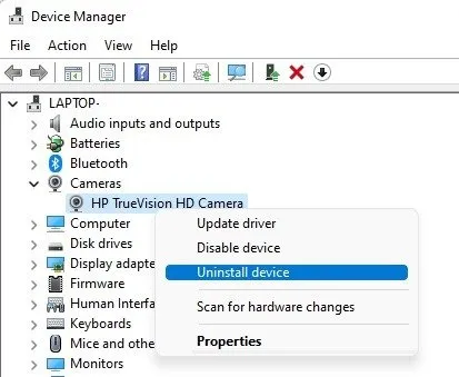 Hoe te repareren dat webcam of camera niet werkt in Windows Verwijder het apparaat