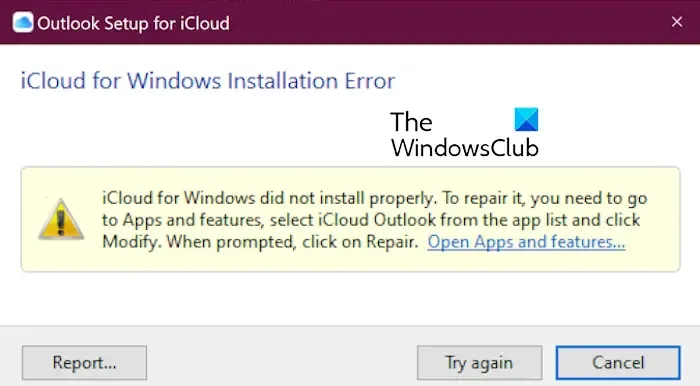 iCloud para Windows não foi instalado corretamente