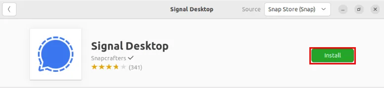 Een screenshot met de knop Installeren op de Ubuntu Store-pagina van de Signal Desktop-app.