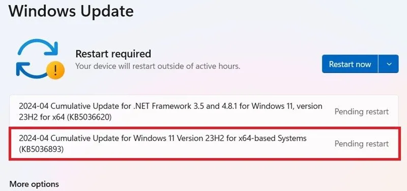 KB5036893 Aktualizacja zbiorcza instalowana na urządzeniu z systemem Windows 11.