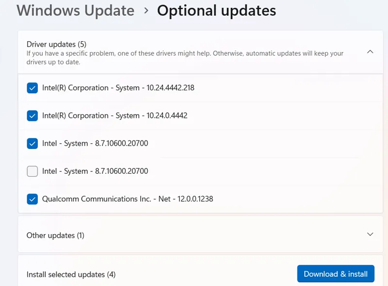下載並安裝 2024 年 4 月的 Windows 11 選用驅動程式更新。