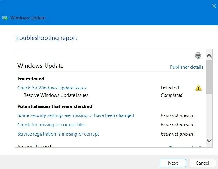 Rapporto sulla risoluzione dei problemi per lo strumento di risoluzione dei problemi di Windows Update.