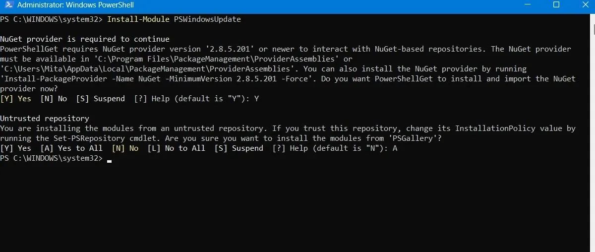 Avviso di installazione di repository non attendibili nella finestra di PowerShell.