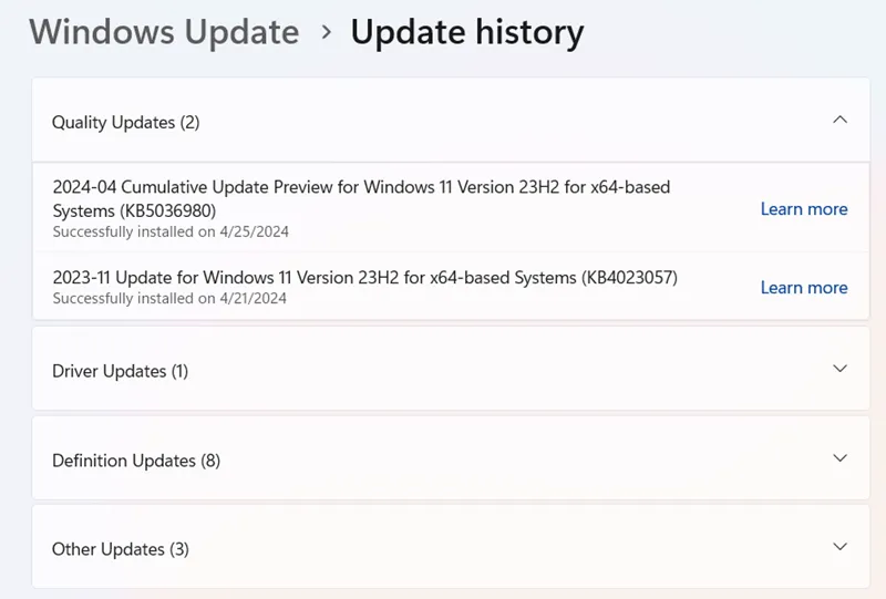 Updategeschiedenis van Windows 11 voor april 2024.