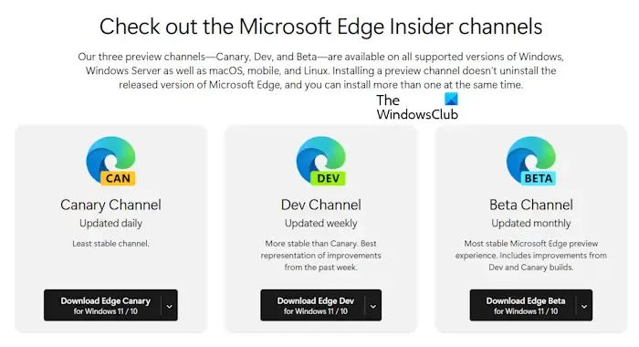 Canali interni di Microsoft Edge