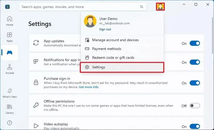 Microsoft Store 설정 옵션