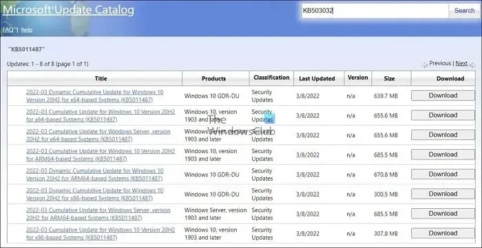 Catálogo de actualizaciones de Microsoft Windows