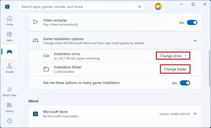 Microsoft Store 변경 게임 설치 드라이브