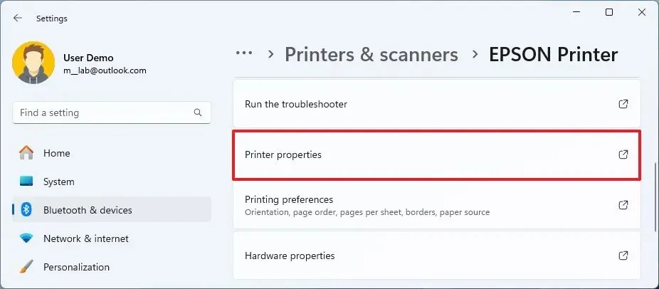 Abrir propiedades heredadas de la impresora