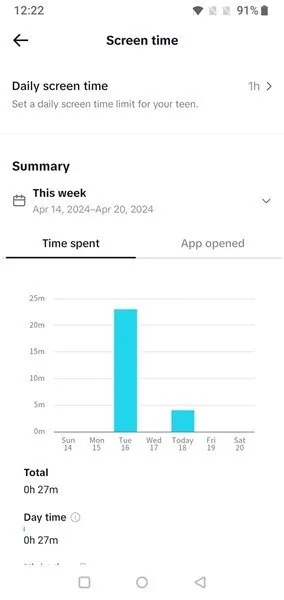 Impostazione del tempo di utilizzo giornaliero per l'account bambino nell'app TikTok.
