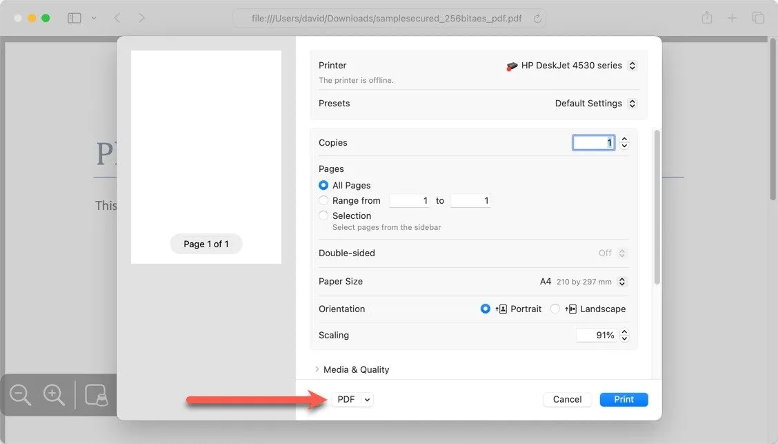 Opción de impresión de PDF resaltada en Mac