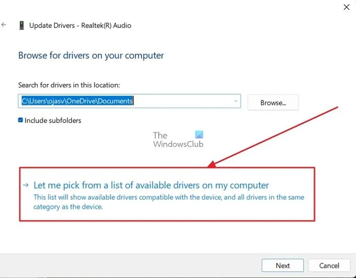 Windows 장치 관리자의 사용 가능한 드라이버 목록에서 선택