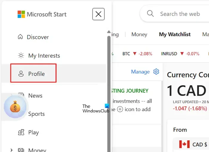 Configurações de perfil Microsoft Iniciar