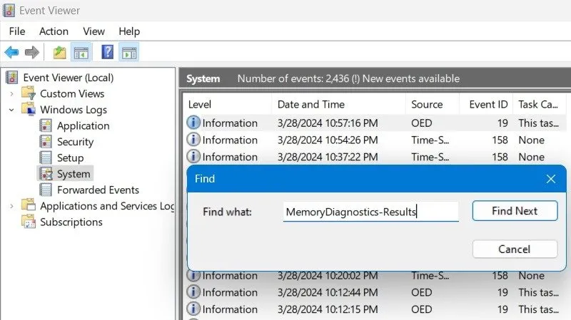 Diagnóstico de memória do Windows visto no Visualizador de eventos usando