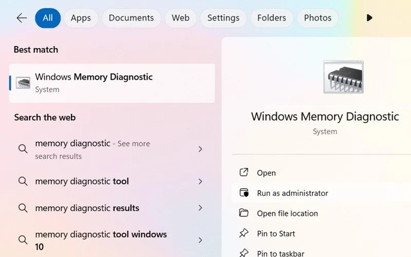 Abra a Ferramenta de Diagnóstico de Memória do Windows no menu de pesquisa.