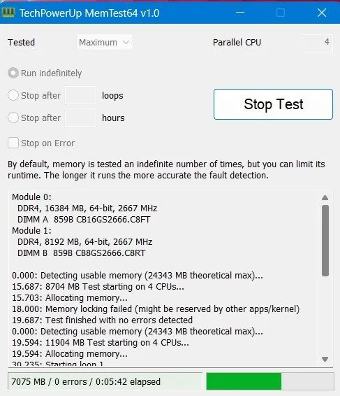 MemTest64-test voor RAM-prestaties.