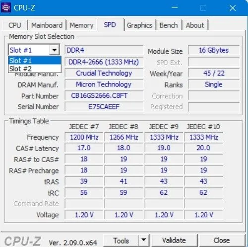 CPU-Zを使用して各RAMスティックのRAMの詳細を確認します。
