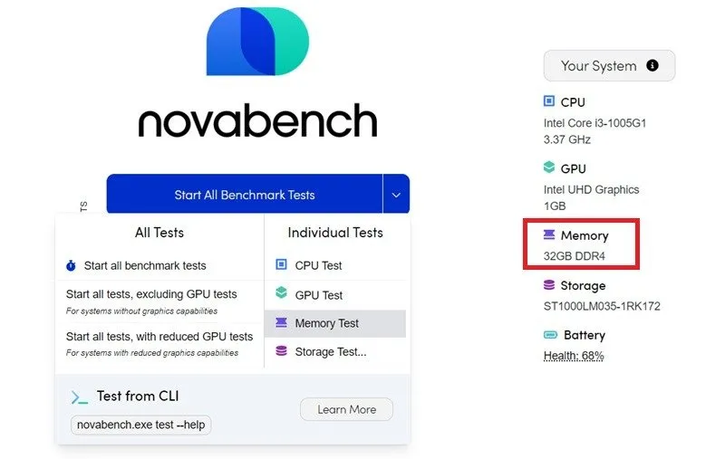 在 Novabench 中偵測到 RAM 類型為 DDR4，並在記憶體測試下進行進一步調查。