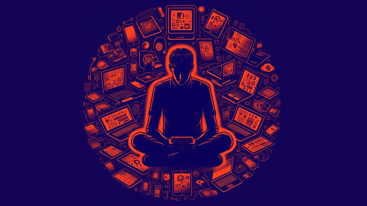 Illustrazione raffigurante una persona dipendente dagli schermi. Immagine di Dall E 3