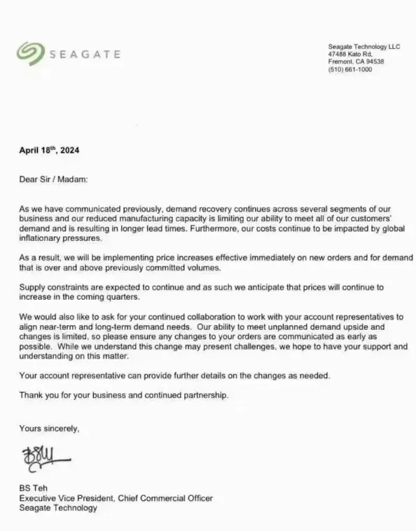 Carta da Seagate para varejistas