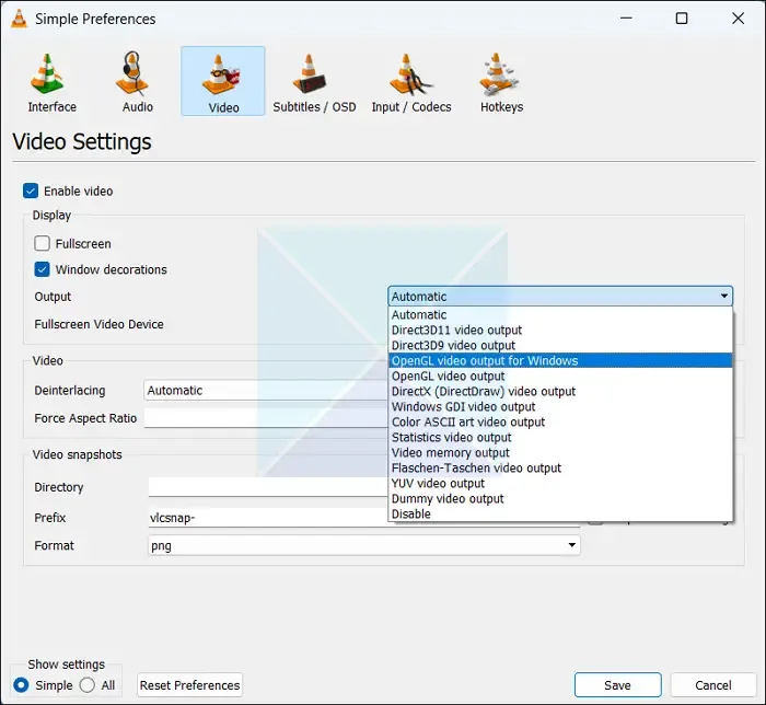 Selecteer Opengl-video-uitvoer voor Windows Vlc-schermflikkering