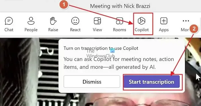 Iniciar la transcripción de una reunión en Copilot para Microsoft Teams